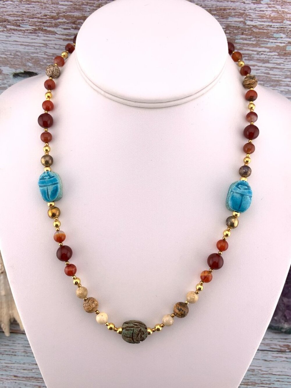 Egyptian Scarab Carnelian Jasper Vintage Handmade Beaded Necklace J699